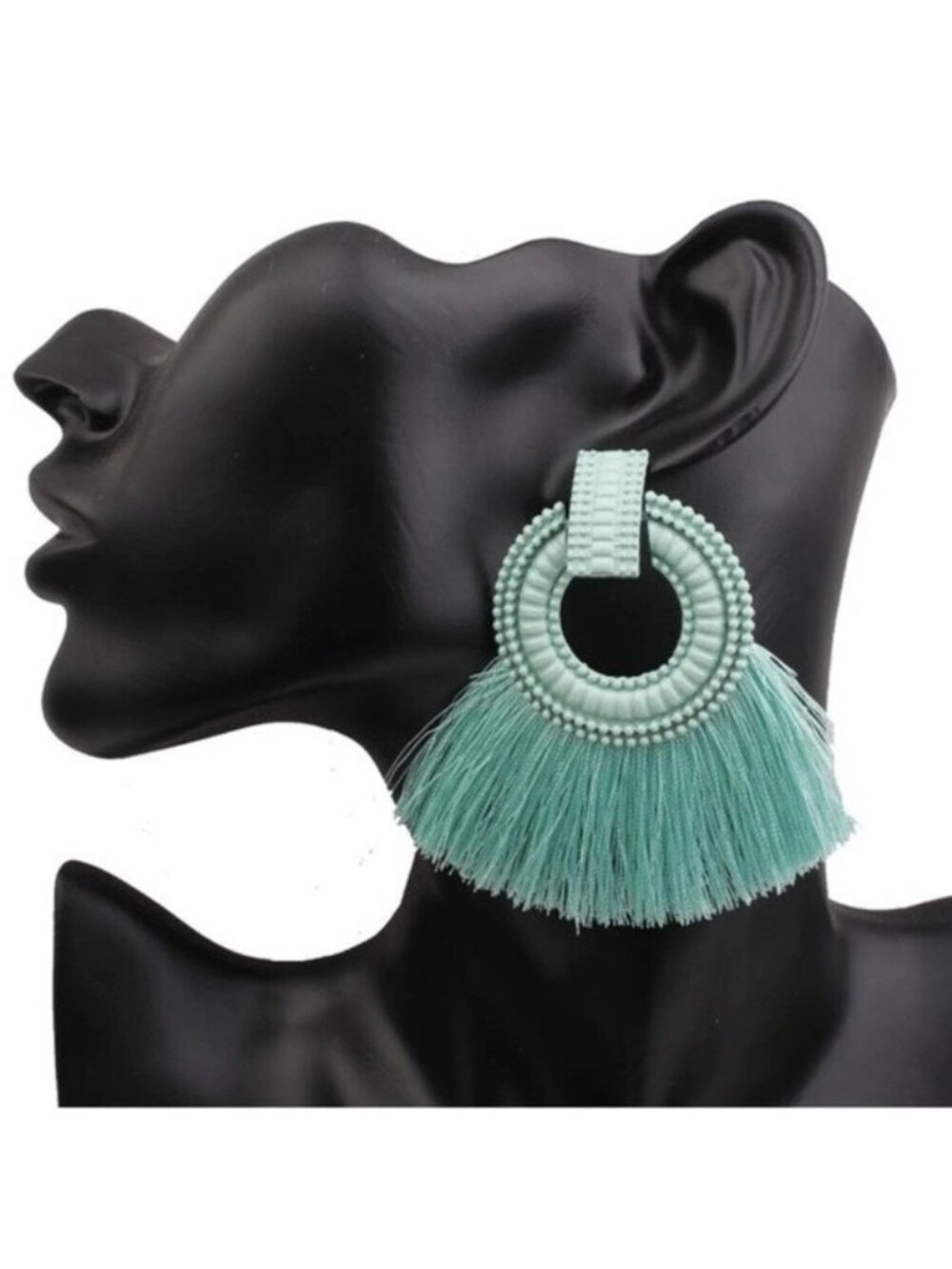 Beaded Sea Green Tassel Round Drop Statement Earrings
